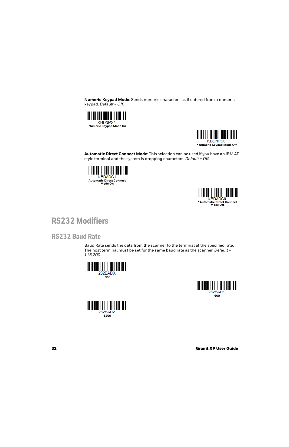 Rs232 modifiers, Rs232 baud rate | Honeywell Granit 1991iSR Ultra-Rugged Standard-Range Barcode Scanner User Manual | Page 48 / 308