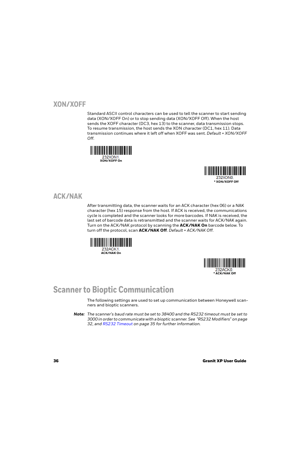 Xon/xoff, Ack/nak, Scanner to bioptic communication | Honeywell Granit 1991iSR Ultra-Rugged Standard-Range Barcode Scanner User Manual | Page 52 / 308