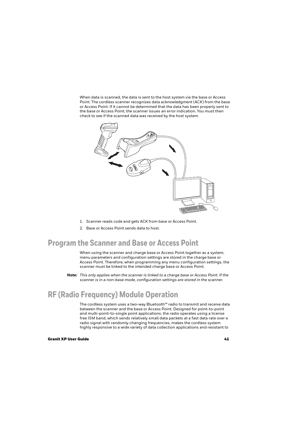 Program the scanner and base or access point, Rf (radio frequency) module operation | Honeywell Granit 1991iSR Ultra-Rugged Standard-Range Barcode Scanner User Manual | Page 57 / 308