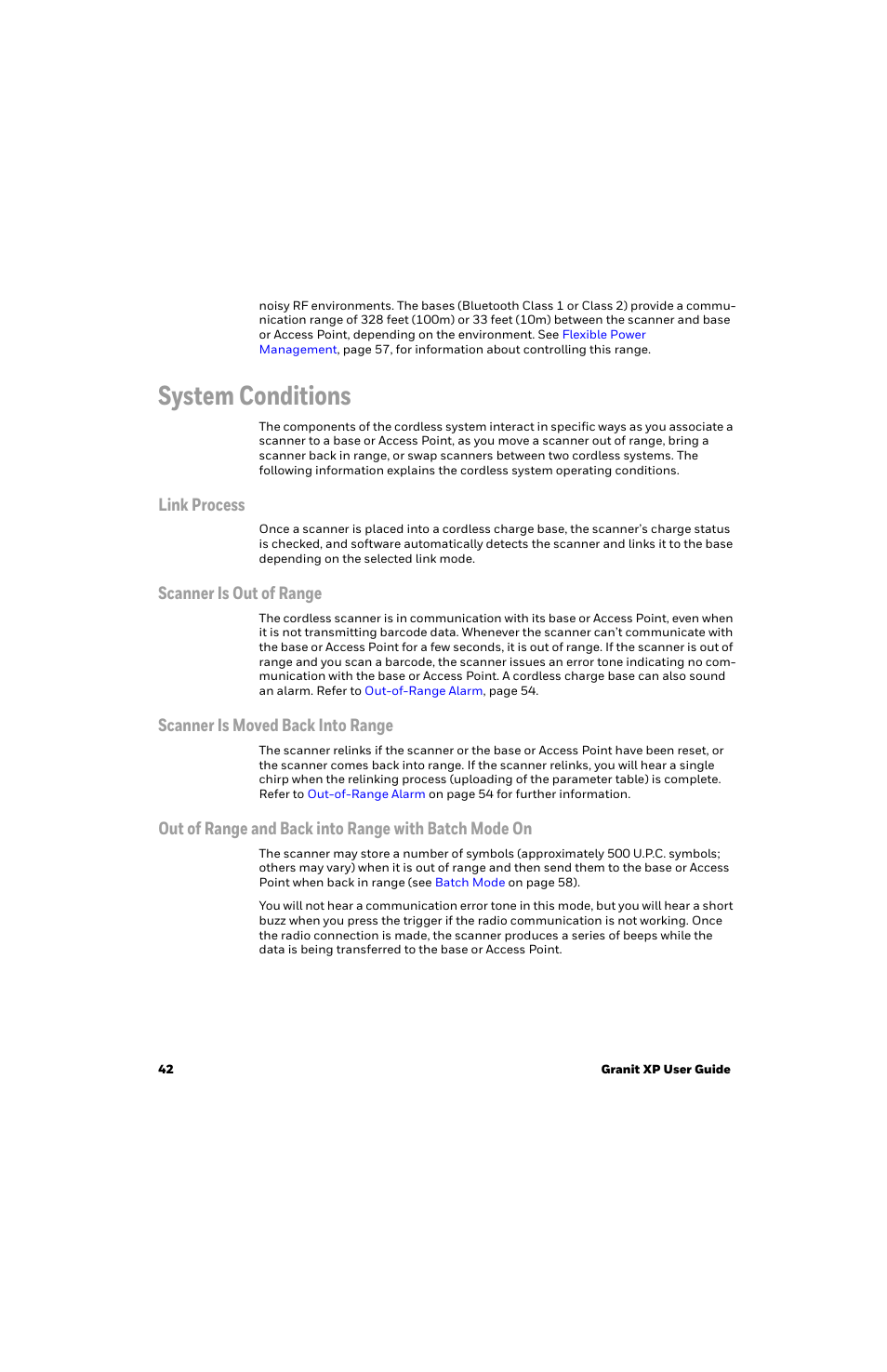 System conditions, Link process, Scanner is out of range | Scanner is moved back into range | Honeywell Granit 1991iSR Ultra-Rugged Standard-Range Barcode Scanner User Manual | Page 58 / 308