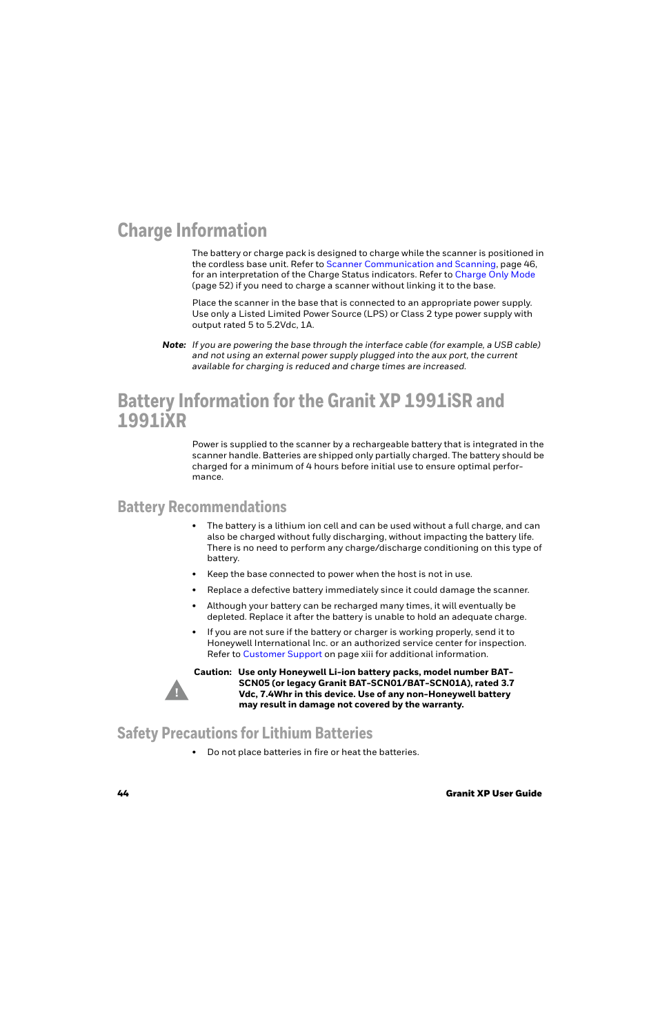 Charge information, Battery recommendations, Safety precautions for lithium batteries | Honeywell Granit 1991iSR Ultra-Rugged Standard-Range Barcode Scanner User Manual | Page 60 / 308