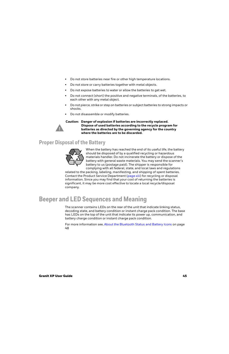 Proper disposal of the battery, Beeper and led sequences and meaning | Honeywell Granit 1991iSR Ultra-Rugged Standard-Range Barcode Scanner User Manual | Page 61 / 308
