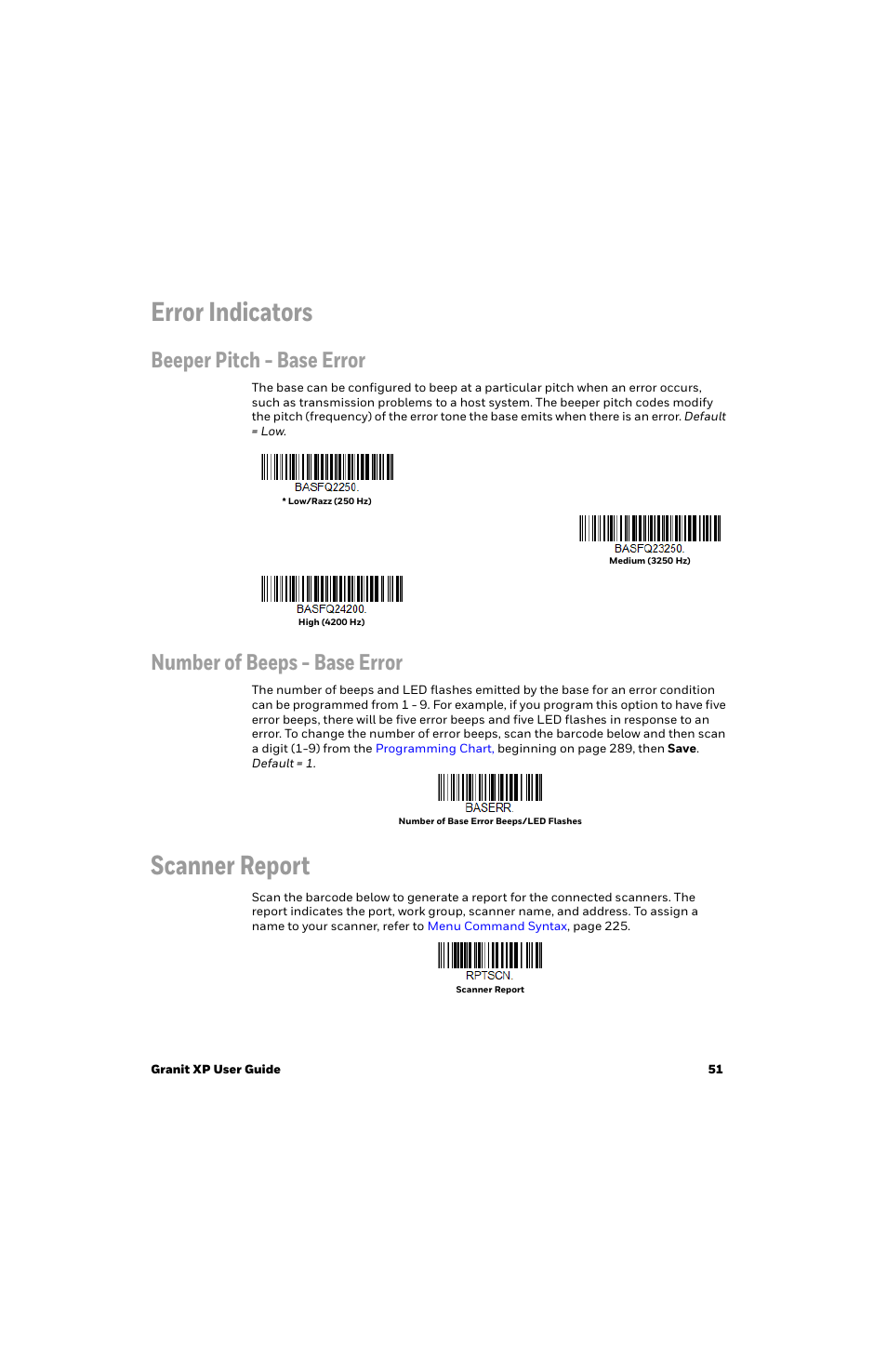 Error indicators, Beeper pitch - base error, Number of beeps - base error | Scanner report | Honeywell Granit 1991iSR Ultra-Rugged Standard-Range Barcode Scanner User Manual | Page 67 / 308