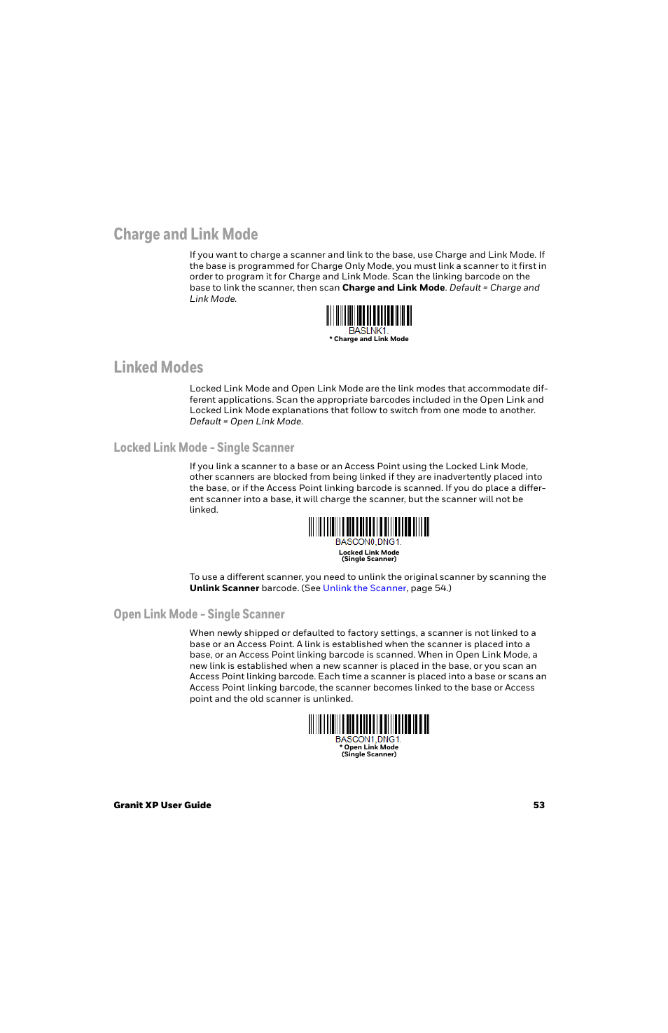 Charge and link mode, Linked modes, Locked link mode - single scanner | Open link mode - single scanner | Honeywell Granit 1991iSR Ultra-Rugged Standard-Range Barcode Scanner User Manual | Page 69 / 308