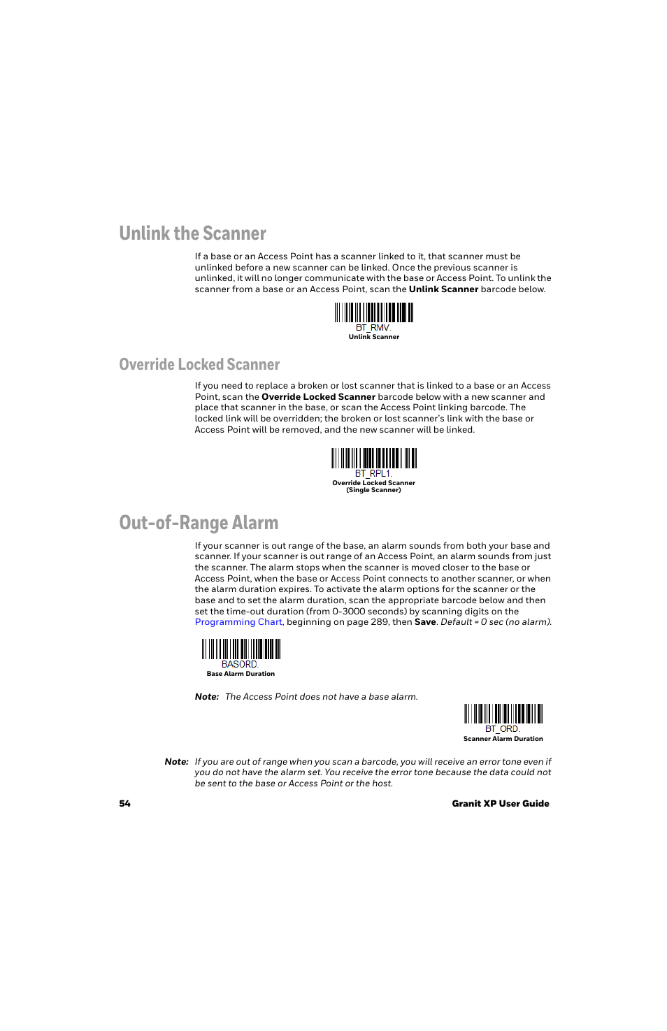 Unlink the scanner, Override locked scanner, Out-of-range alarm | Unlink scanner | Honeywell Granit 1991iSR Ultra-Rugged Standard-Range Barcode Scanner User Manual | Page 70 / 308