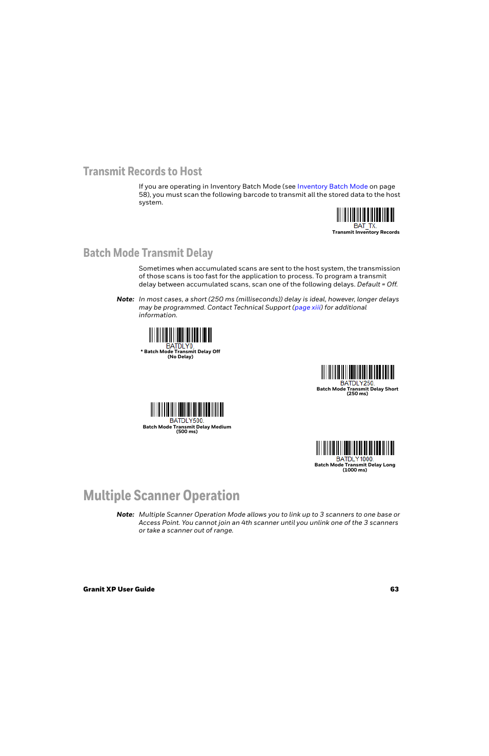 Transmit records to host, Batch mode transmit delay, Multiple scanner operation | Transmit inventory records | Honeywell Granit 1991iSR Ultra-Rugged Standard-Range Barcode Scanner User Manual | Page 79 / 308