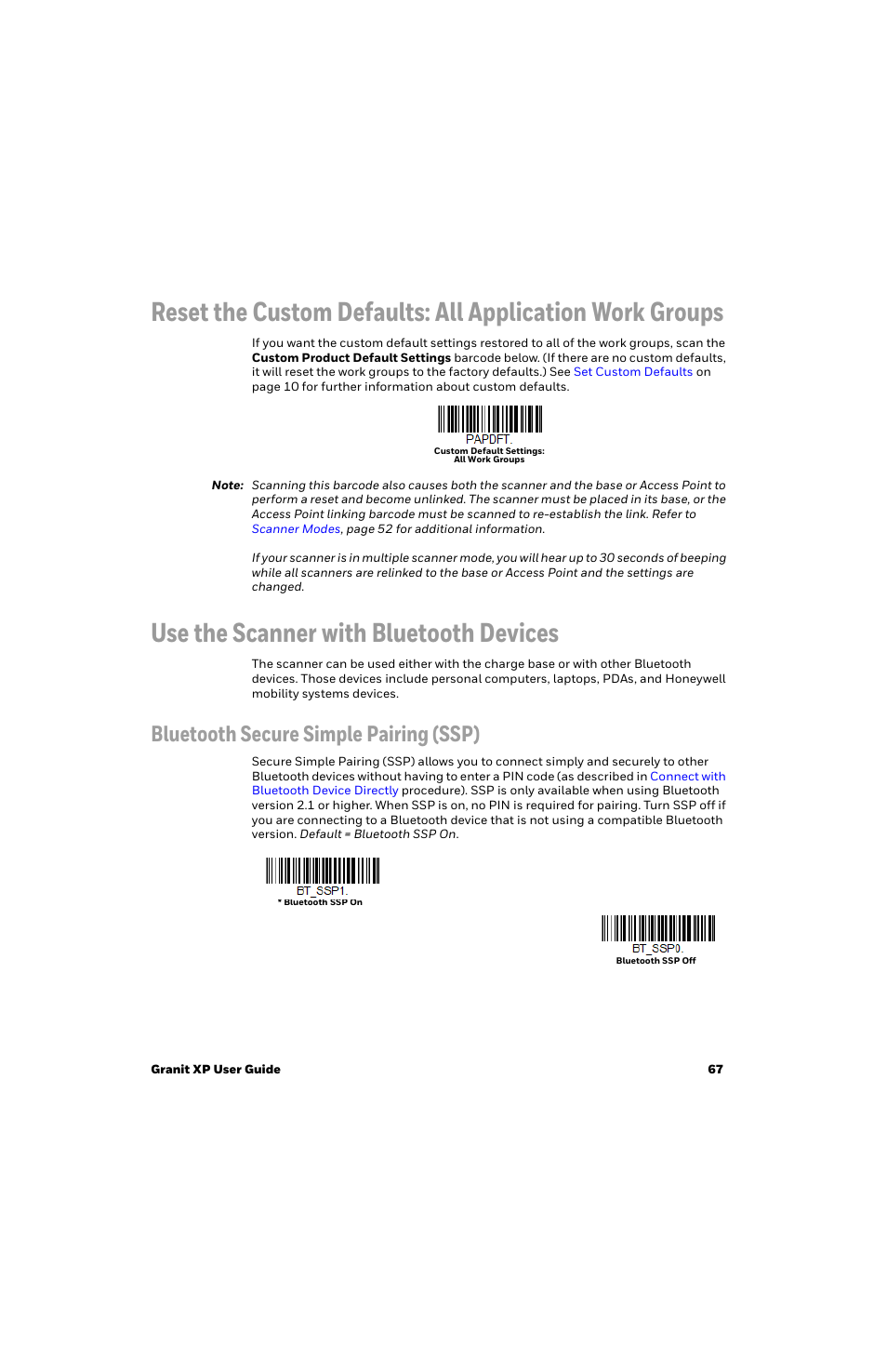 Use the scanner with bluetooth devices, Bluetooth secure simple pairing (ssp) | Honeywell Granit 1991iSR Ultra-Rugged Standard-Range Barcode Scanner User Manual | Page 83 / 308