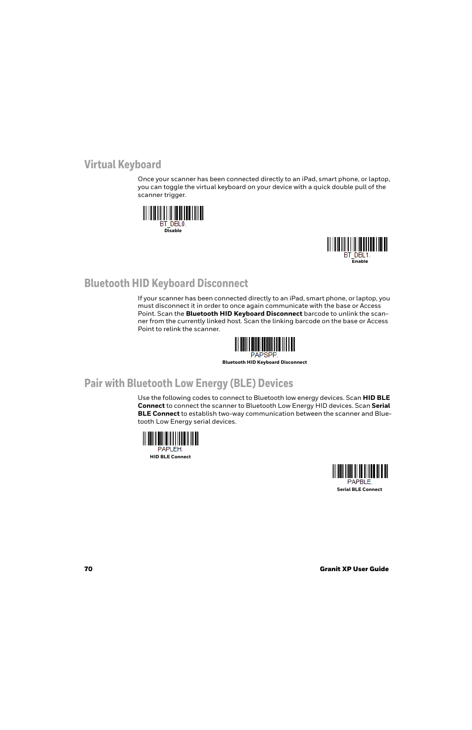 Virtual keyboard, Bluetooth hid keyboard disconnect, Pair with bluetooth low energy (ble) devices | Honeywell Granit 1991iSR Ultra-Rugged Standard-Range Barcode Scanner User Manual | Page 86 / 308