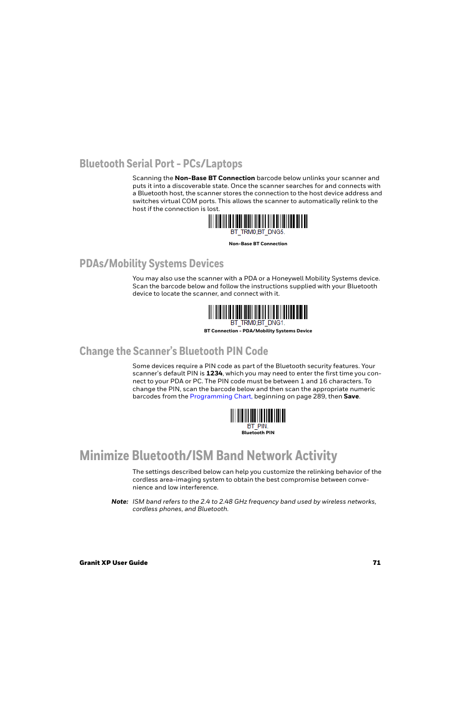 Bluetooth serial port - pcs/laptops, Pdas/mobility systems devices, Change the scanner’s bluetooth pin code | Minimize bluetooth/ism band network activity | Honeywell Granit 1991iSR Ultra-Rugged Standard-Range Barcode Scanner User Manual | Page 87 / 308