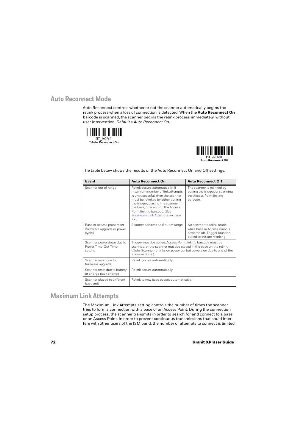 Auto reconnect mode, Maximum link attempts | Honeywell Granit 1991iSR Ultra-Rugged Standard-Range Barcode Scanner User Manual | Page 88 / 308