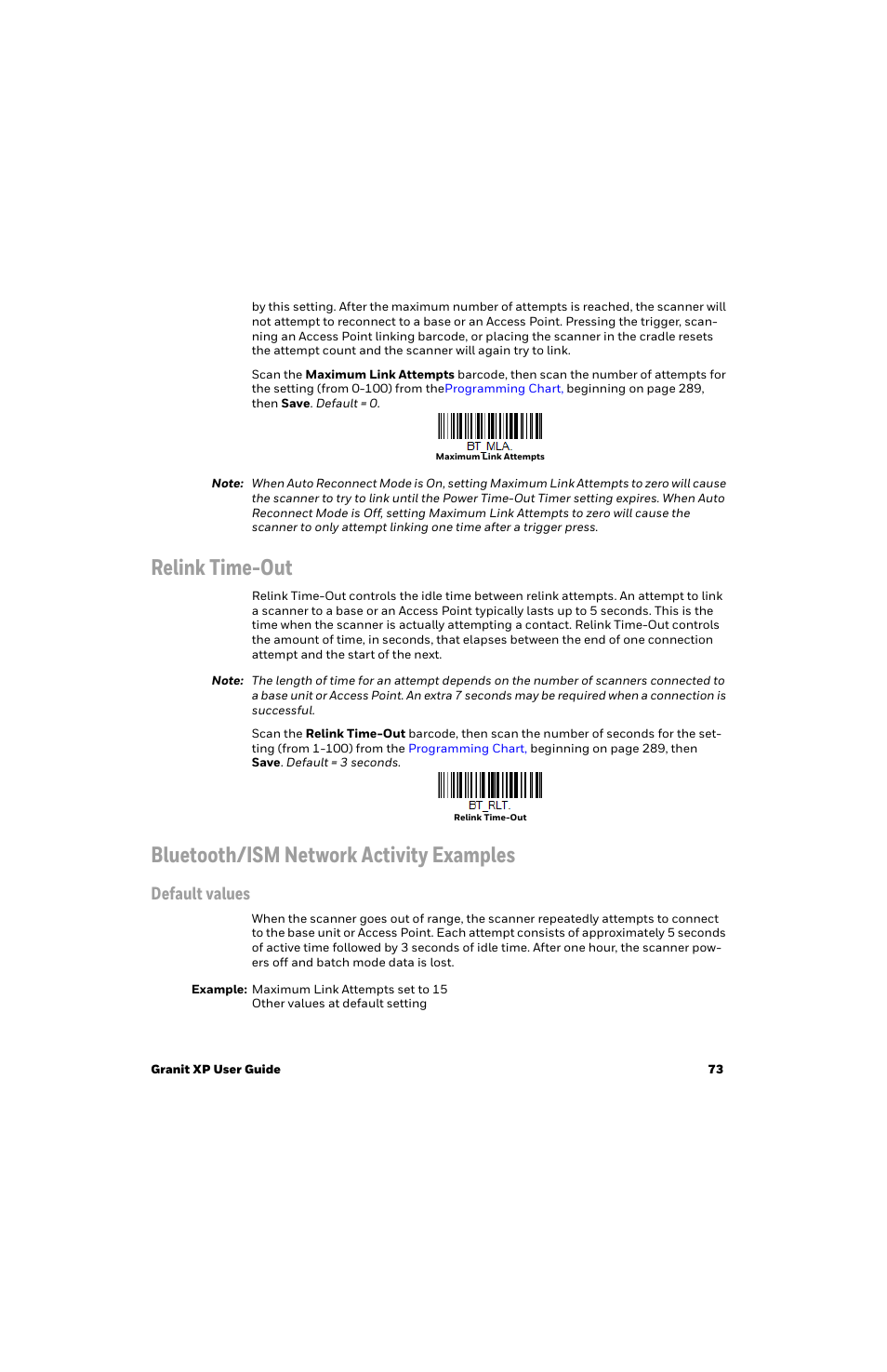 Relink time-out, Bluetooth/ism network activity examples, Default values | Honeywell Granit 1991iSR Ultra-Rugged Standard-Range Barcode Scanner User Manual | Page 89 / 308