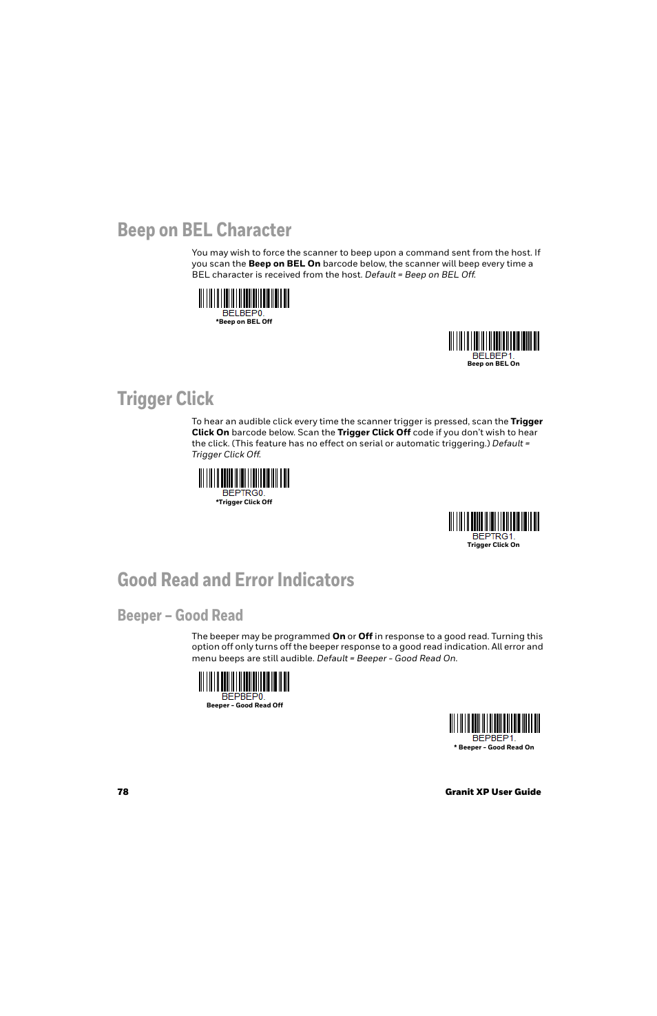 Beep on bel character, Trigger click, Good read and error indicators | Beeper – good read | Honeywell Granit 1991iSR Ultra-Rugged Standard-Range Barcode Scanner User Manual | Page 94 / 308