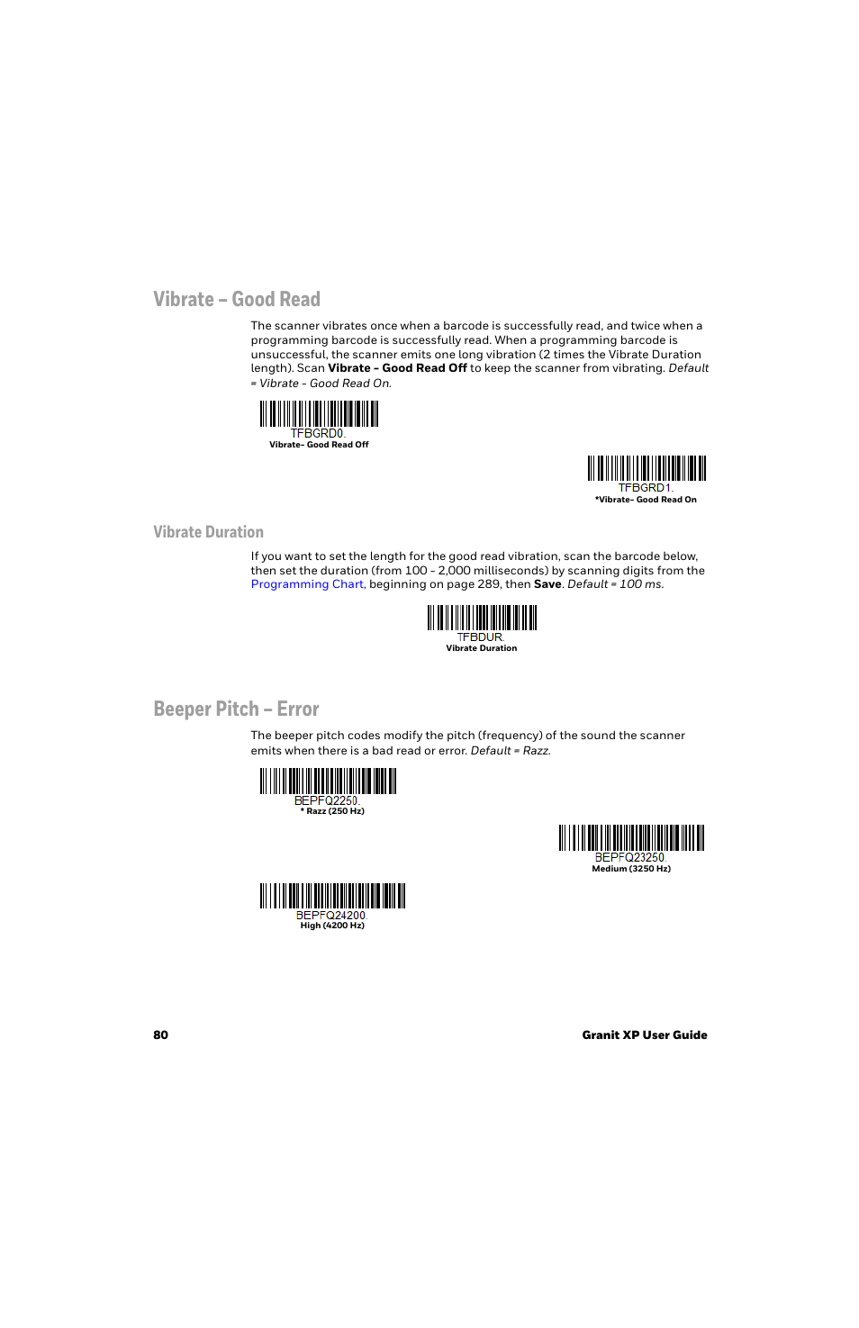 Vibrate – good read, Vibrate duration, Beeper pitch – error | Honeywell Granit 1991iSR Ultra-Rugged Standard-Range Barcode Scanner User Manual | Page 96 / 308