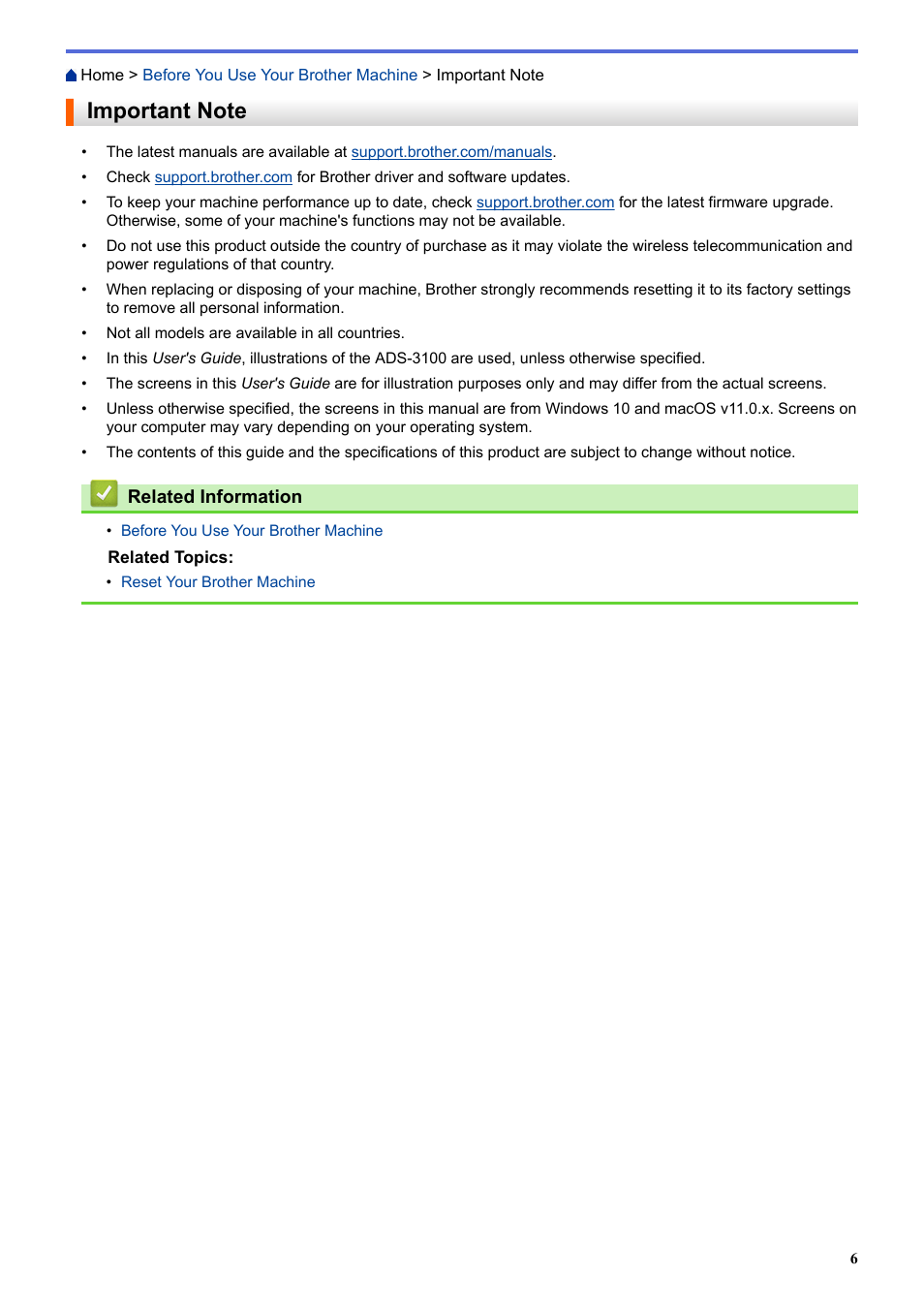 Important note | Brother ADS-3100 High-Speed Desktop Color Scanner for Home & Small Offices User Manual | Page 10 / 253