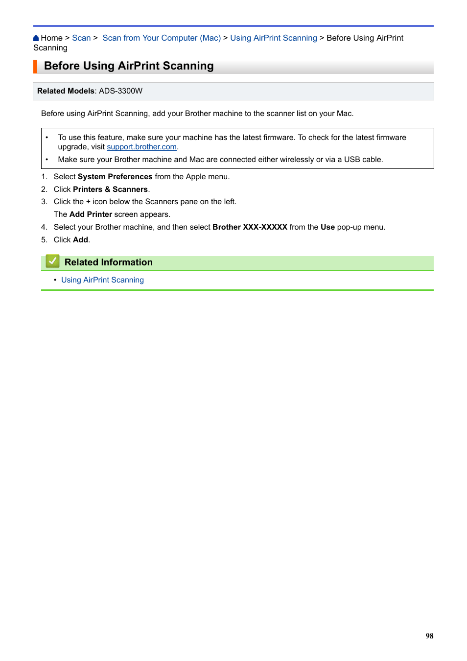 Before using airprint scanning | Brother ADS-3100 High-Speed Desktop Color Scanner for Home & Small Offices User Manual | Page 102 / 253