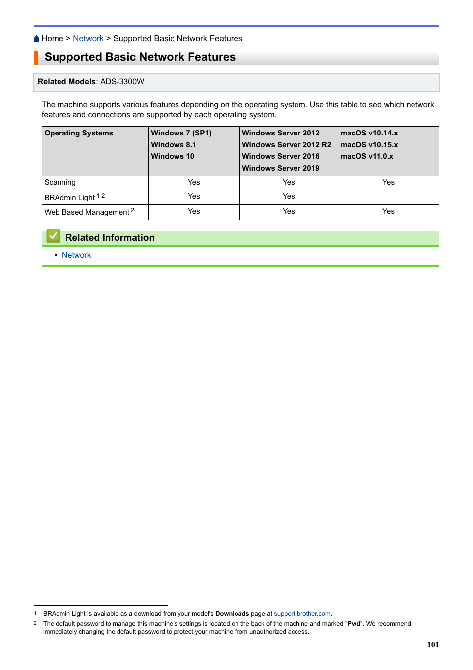 Supported basic network features, Related information | Brother ADS-3100 High-Speed Desktop Color Scanner for Home & Small Offices User Manual | Page 105 / 253