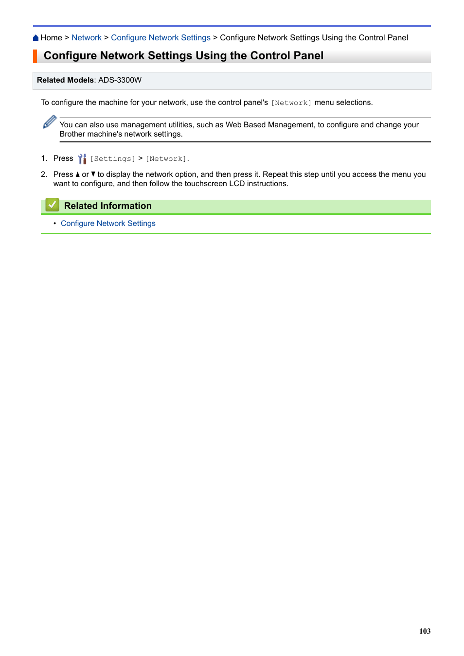 Configure network settings using the control panel | Brother ADS-3100 High-Speed Desktop Color Scanner for Home & Small Offices User Manual | Page 107 / 253