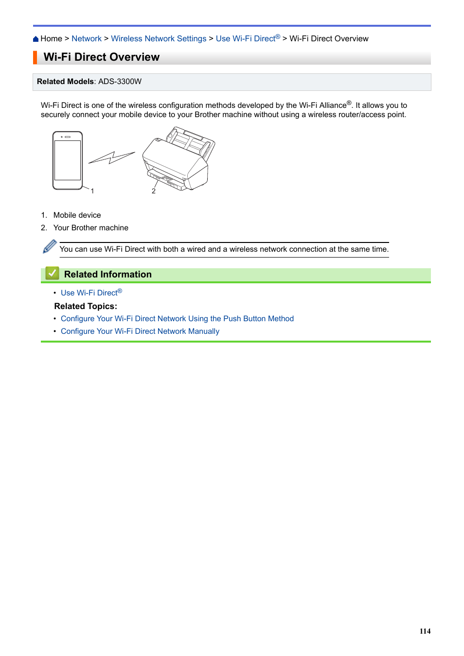 Wi-fi direct overview | Brother ADS-3100 High-Speed Desktop Color Scanner for Home & Small Offices User Manual | Page 118 / 253
