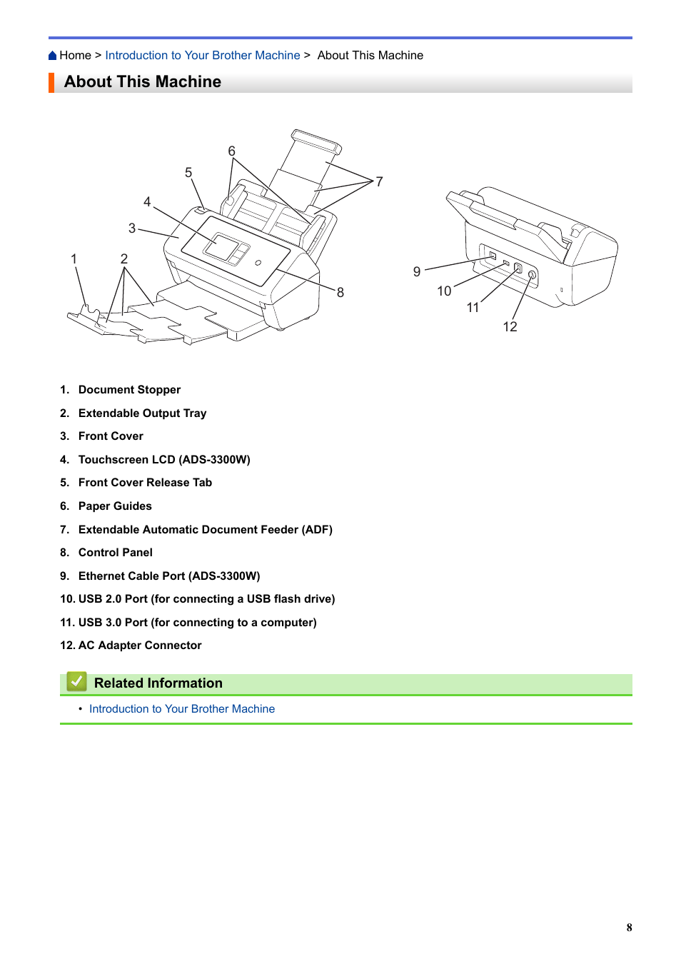 About this machine | Brother ADS-3100 High-Speed Desktop Color Scanner for Home & Small Offices User Manual | Page 12 / 253