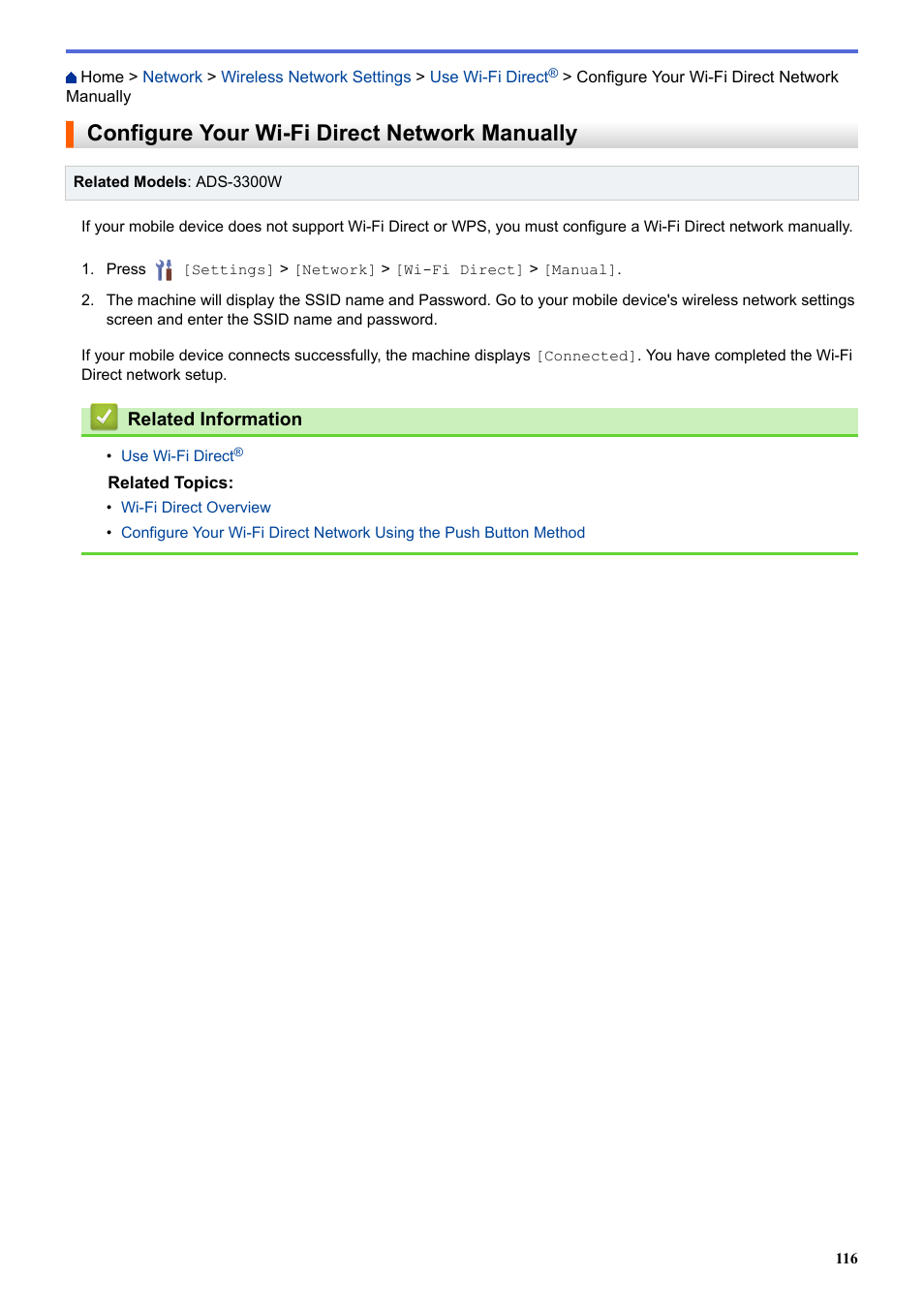 Configure your wi-fi direct network manually | Brother ADS-3100 High-Speed Desktop Color Scanner for Home & Small Offices User Manual | Page 120 / 253