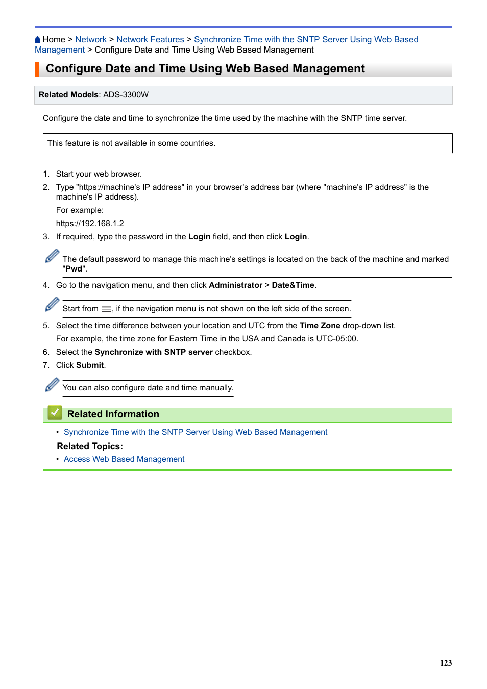 Configure date and time using web based management | Brother ADS-3100 High-Speed Desktop Color Scanner for Home & Small Offices User Manual | Page 127 / 253