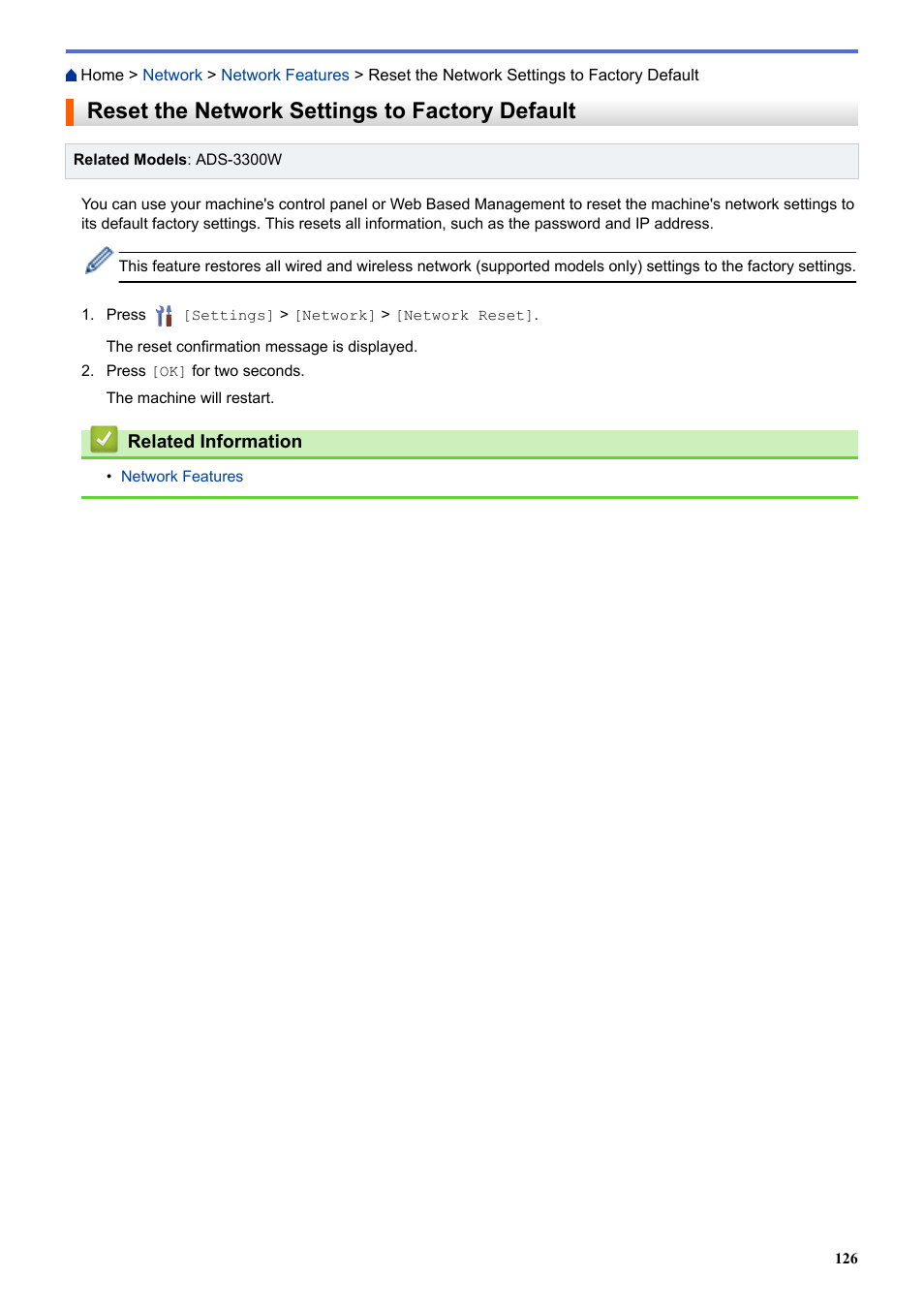 Reset the network settings to factory default | Brother ADS-3100 High-Speed Desktop Color Scanner for Home & Small Offices User Manual | Page 130 / 253