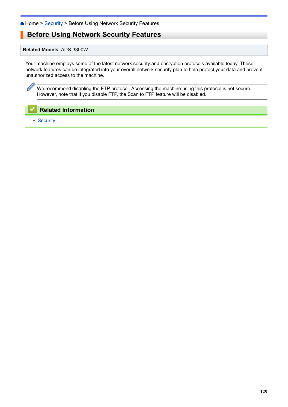 Before using network security features | Brother ADS-3100 High-Speed Desktop Color Scanner for Home & Small Offices User Manual | Page 133 / 253