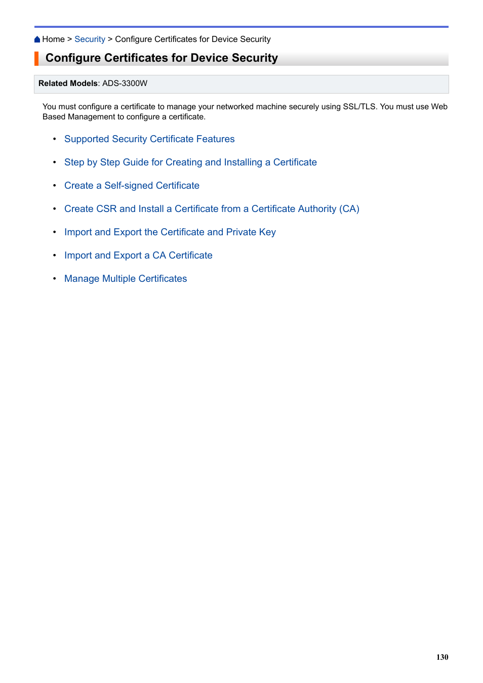 Configure certificates for device security | Brother ADS-3100 High-Speed Desktop Color Scanner for Home & Small Offices User Manual | Page 134 / 253