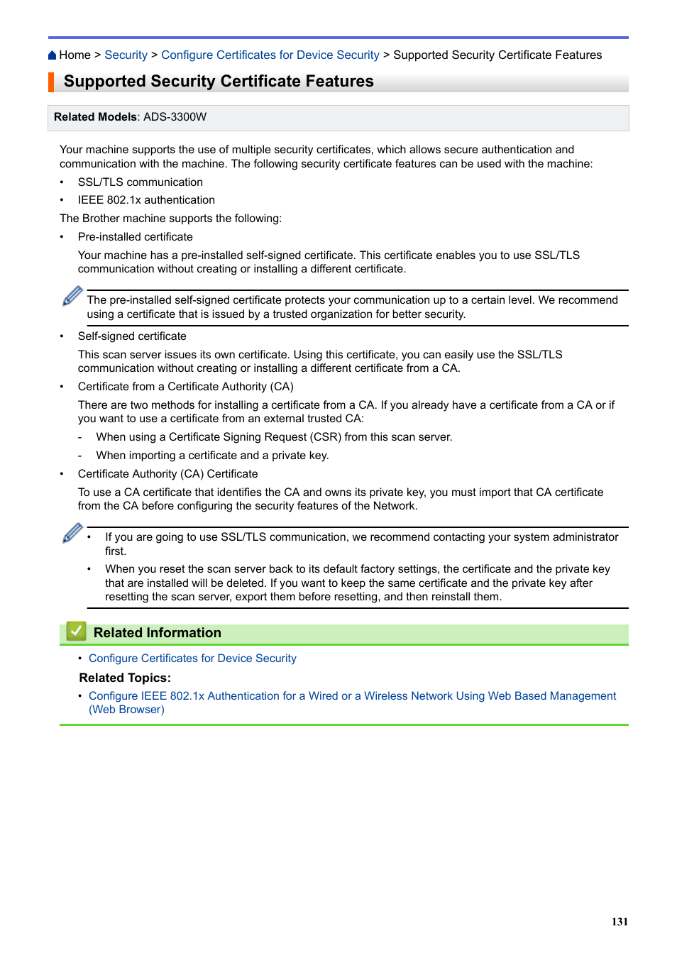 Supported security certificate features | Brother ADS-3100 High-Speed Desktop Color Scanner for Home & Small Offices User Manual | Page 135 / 253