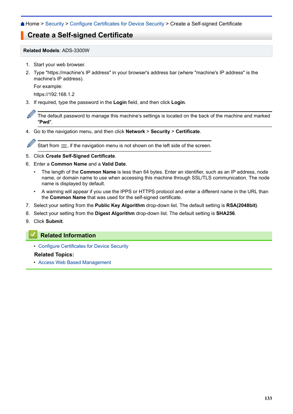 Create a self-signed certificate | Brother ADS-3100 High-Speed Desktop Color Scanner for Home & Small Offices User Manual | Page 137 / 253