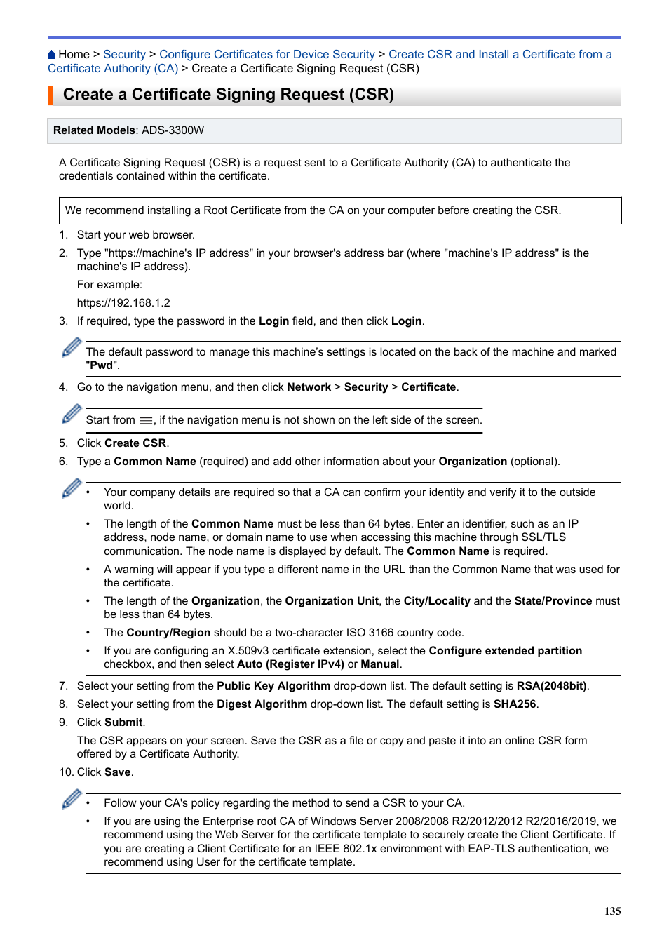 Create a certificate signing request (csr) | Brother ADS-3100 High-Speed Desktop Color Scanner for Home & Small Offices User Manual | Page 139 / 253