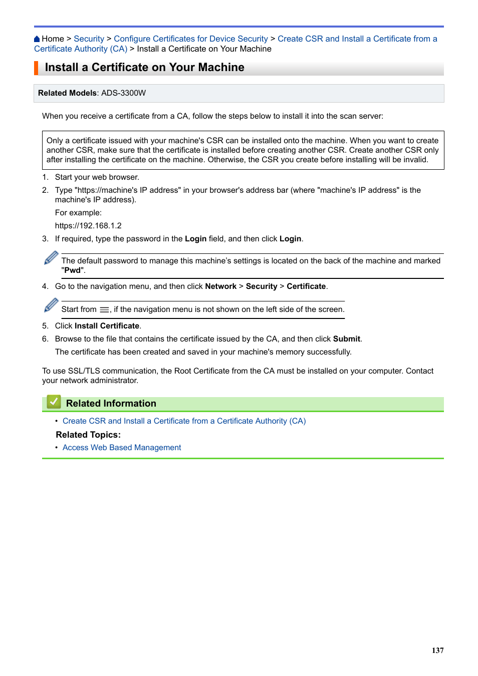 Install a certificate on your machine | Brother ADS-3100 High-Speed Desktop Color Scanner for Home & Small Offices User Manual | Page 141 / 253