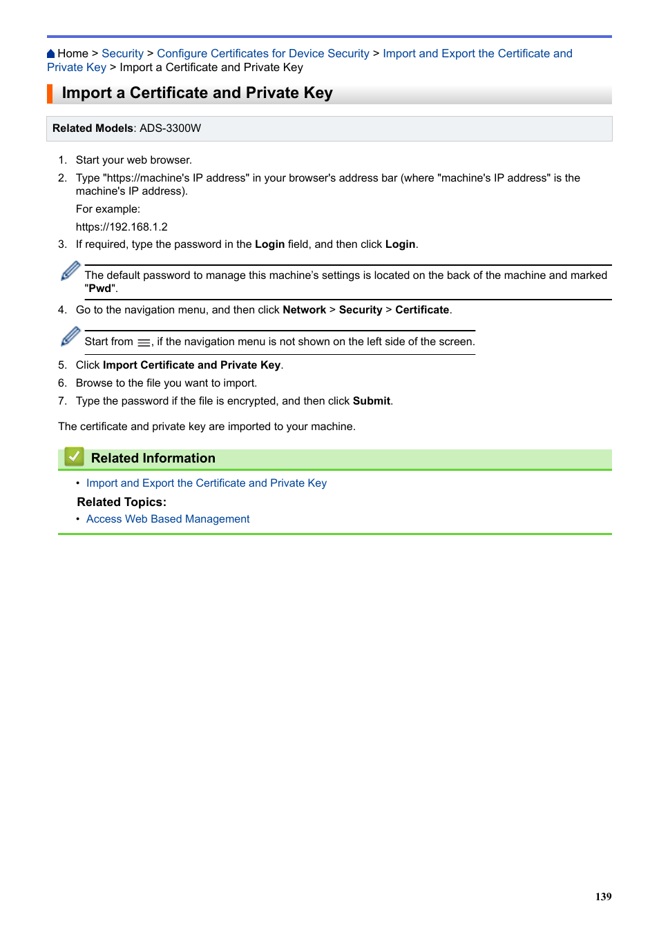 Import a certificate and private key | Brother ADS-3100 High-Speed Desktop Color Scanner for Home & Small Offices User Manual | Page 143 / 253