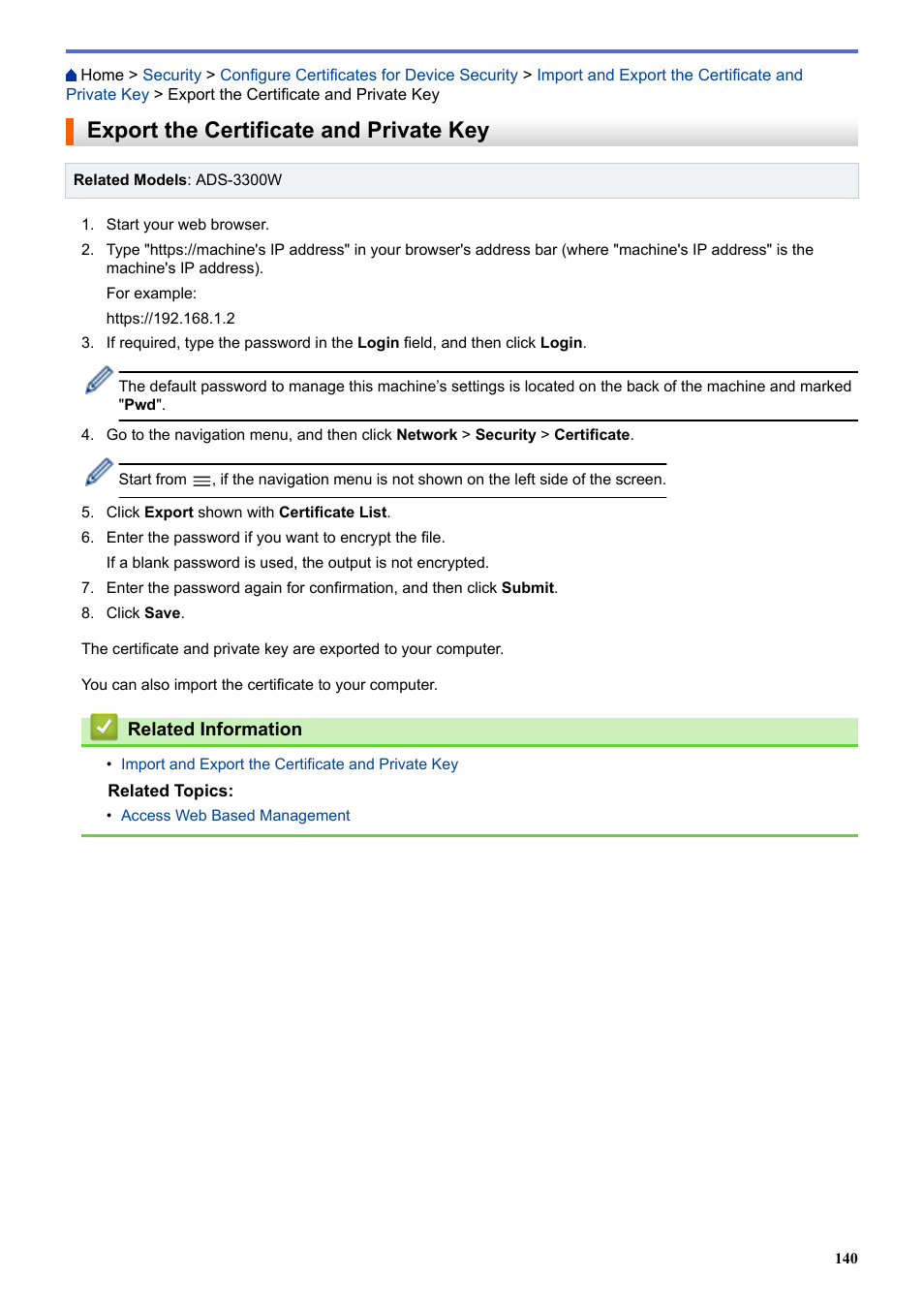 Export the certificate and private key | Brother ADS-3100 High-Speed Desktop Color Scanner for Home & Small Offices User Manual | Page 144 / 253