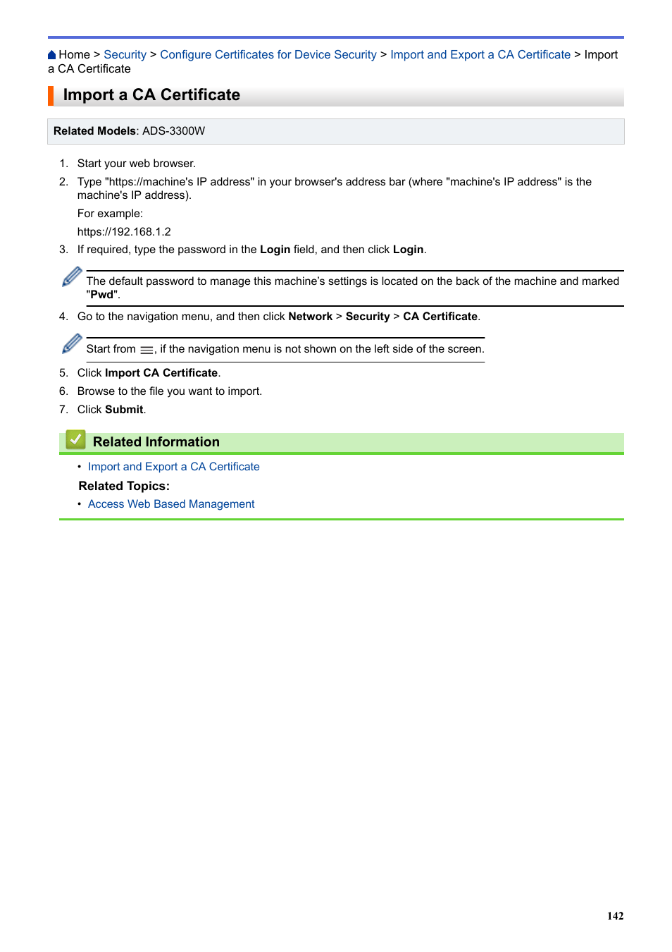 Import a ca certificate | Brother ADS-3100 High-Speed Desktop Color Scanner for Home & Small Offices User Manual | Page 146 / 253