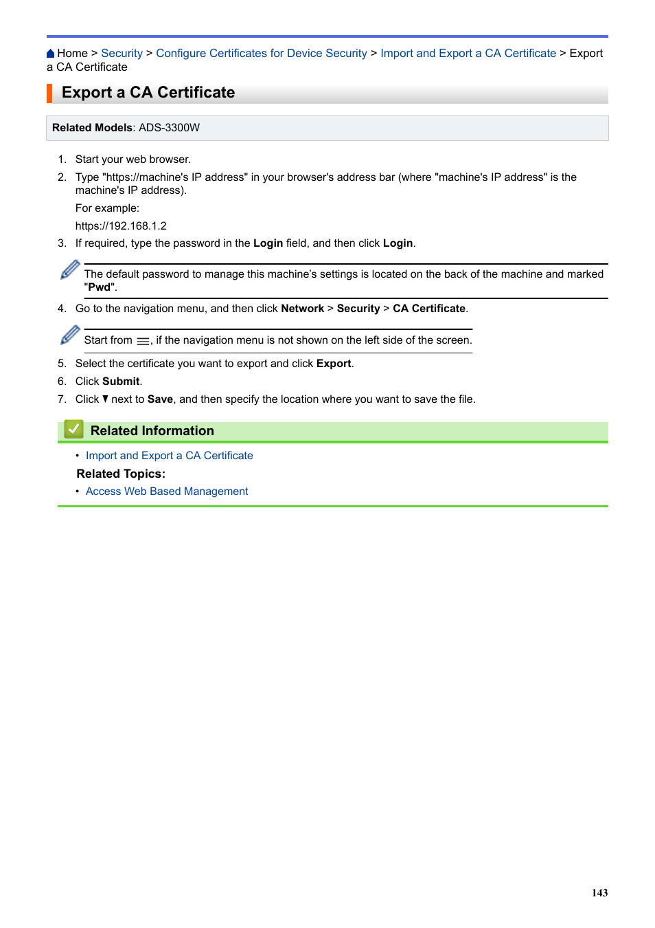 Export a ca certificate | Brother ADS-3100 High-Speed Desktop Color Scanner for Home & Small Offices User Manual | Page 147 / 253