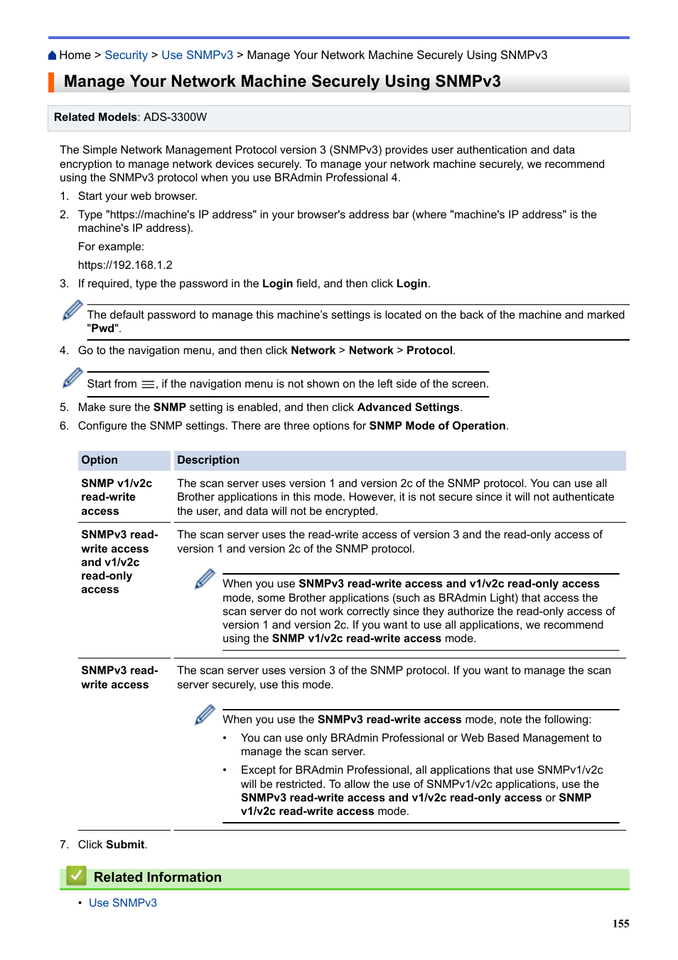 Manage your network machine securely using snmpv3 | Brother ADS-3100 High-Speed Desktop Color Scanner for Home & Small Offices User Manual | Page 159 / 253