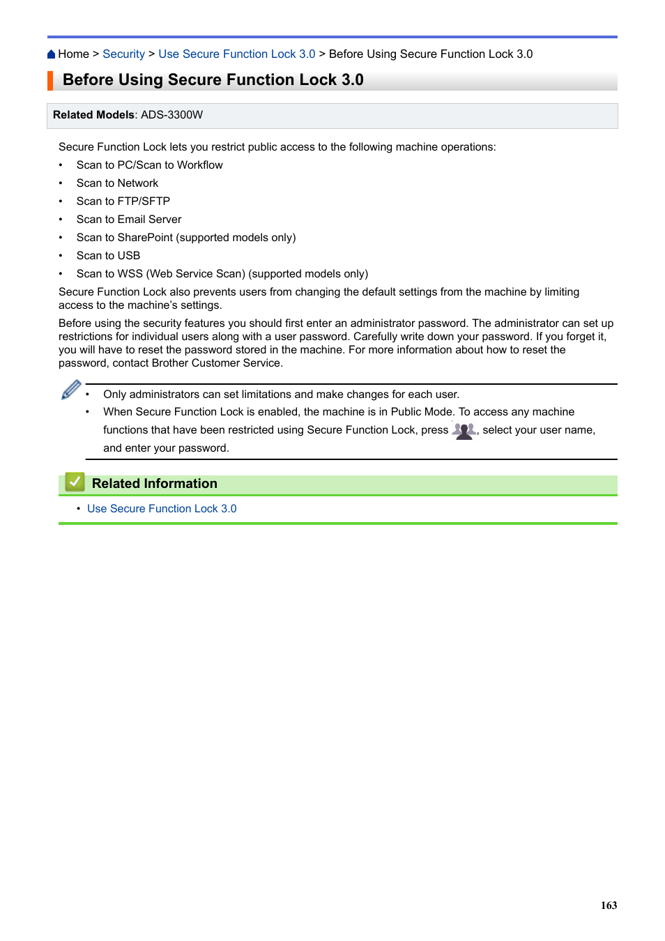 Before using secure function lock 3.0 | Brother ADS-3100 High-Speed Desktop Color Scanner for Home & Small Offices User Manual | Page 167 / 253