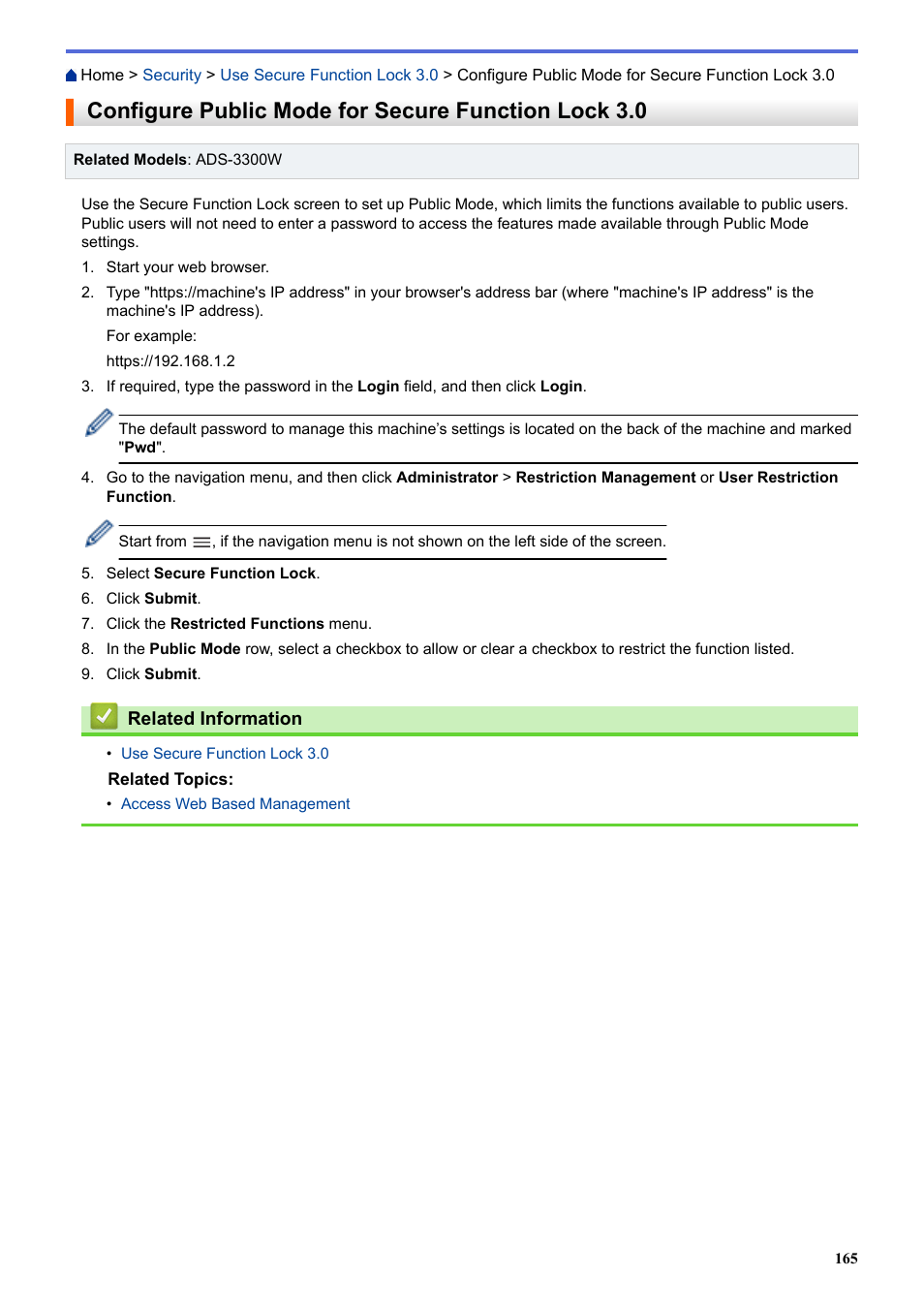 Configure public mode for secure function lock 3.0 | Brother ADS-3100 High-Speed Desktop Color Scanner for Home & Small Offices User Manual | Page 169 / 253