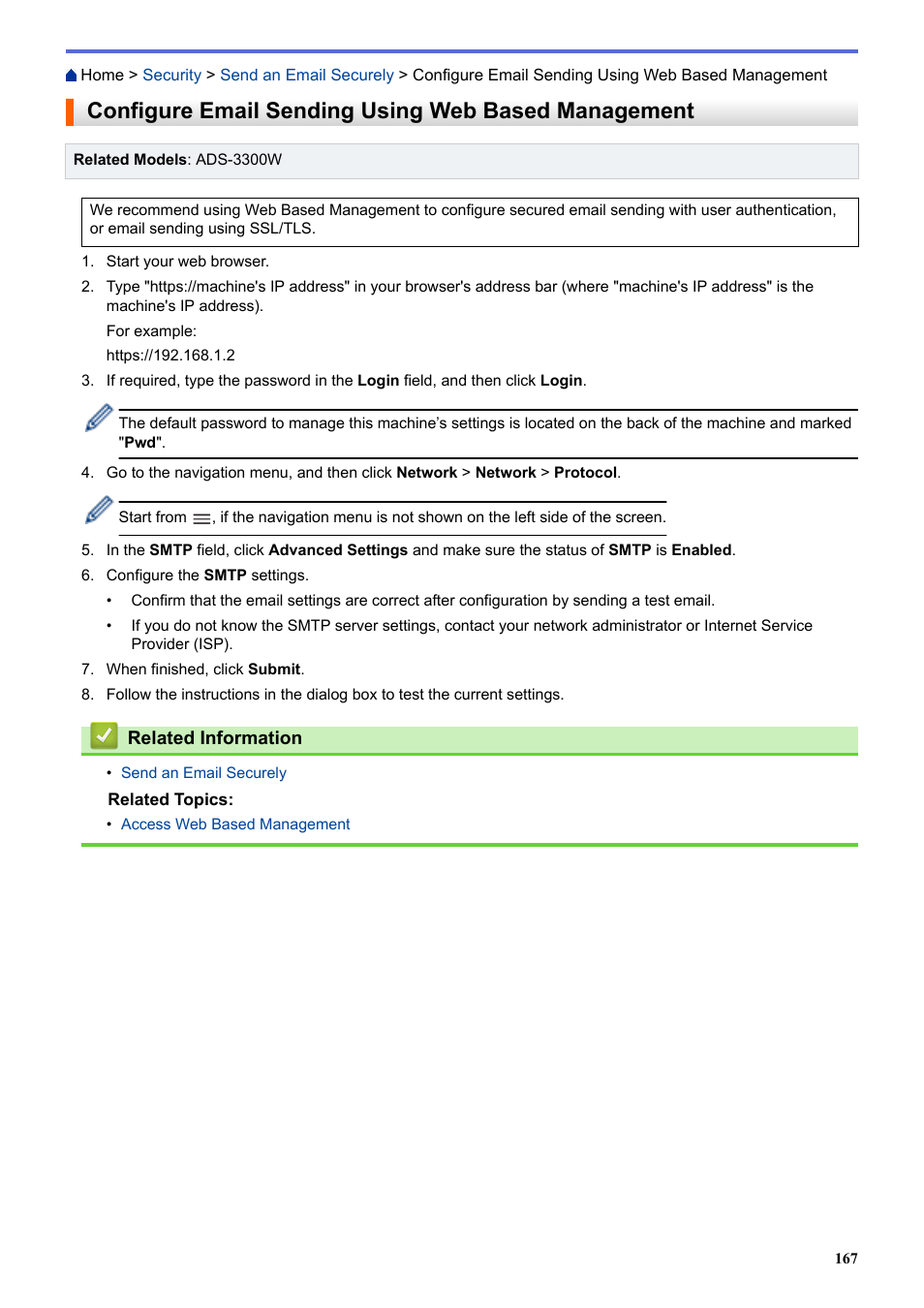 Configure email sending using web based management | Brother ADS-3100 High-Speed Desktop Color Scanner for Home & Small Offices User Manual | Page 171 / 253