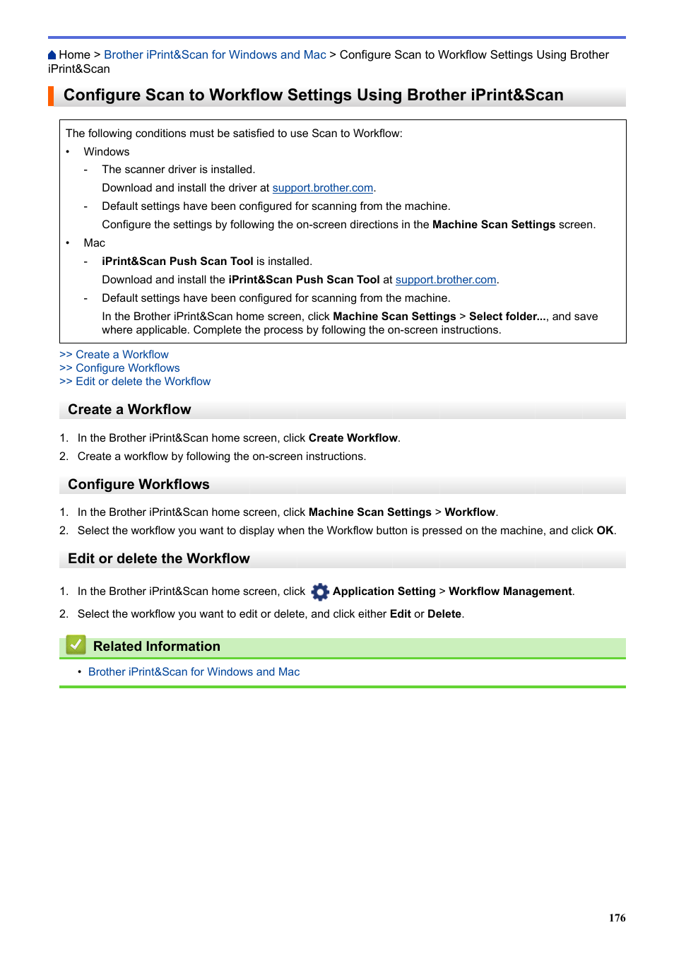 Create a workflow, Configure workflows, Edit or delete the workflow | Brother ADS-3100 High-Speed Desktop Color Scanner for Home & Small Offices User Manual | Page 180 / 253