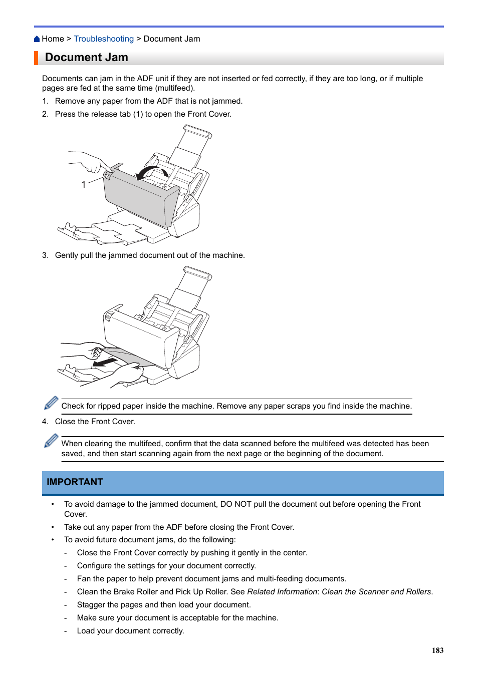 Document jam | Brother ADS-3100 High-Speed Desktop Color Scanner for Home & Small Offices User Manual | Page 187 / 253