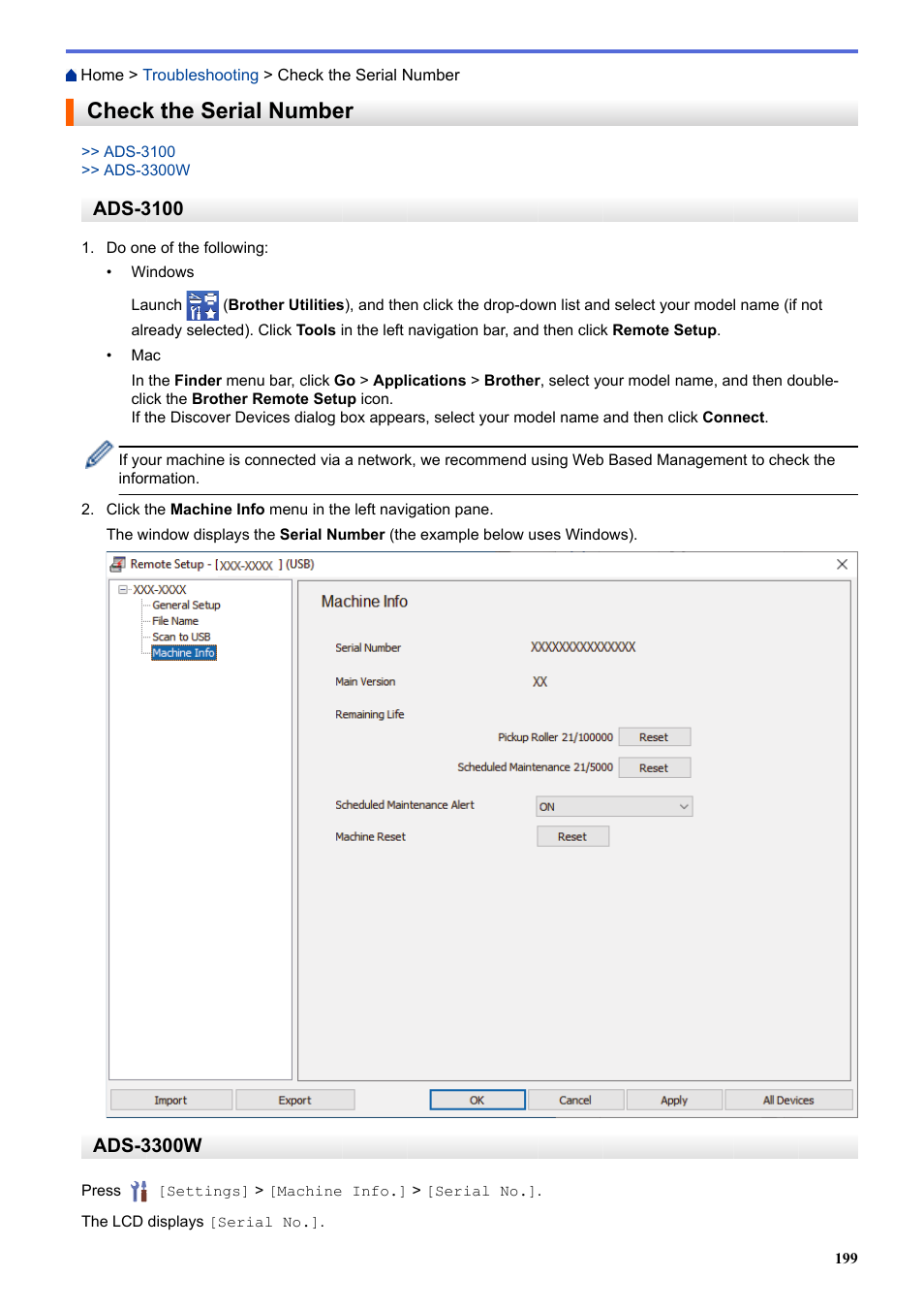 Check the serial number, Ads-3100, Ads-3300w | Brother ADS-3100 High-Speed Desktop Color Scanner for Home & Small Offices User Manual | Page 203 / 253