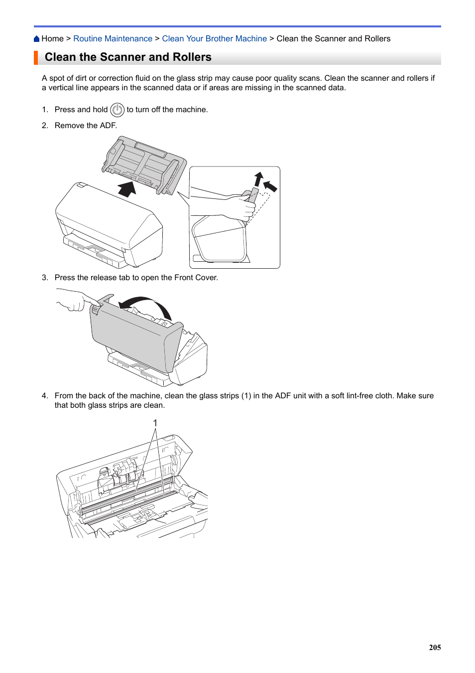 Clean the scanner and rollers | Brother ADS-3100 High-Speed Desktop Color Scanner for Home & Small Offices User Manual | Page 209 / 253