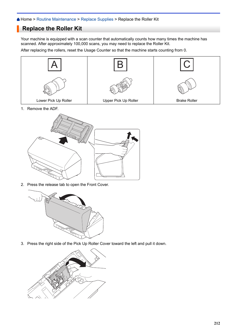 Replace the roller kit | Brother ADS-3100 High-Speed Desktop Color Scanner for Home & Small Offices User Manual | Page 216 / 253