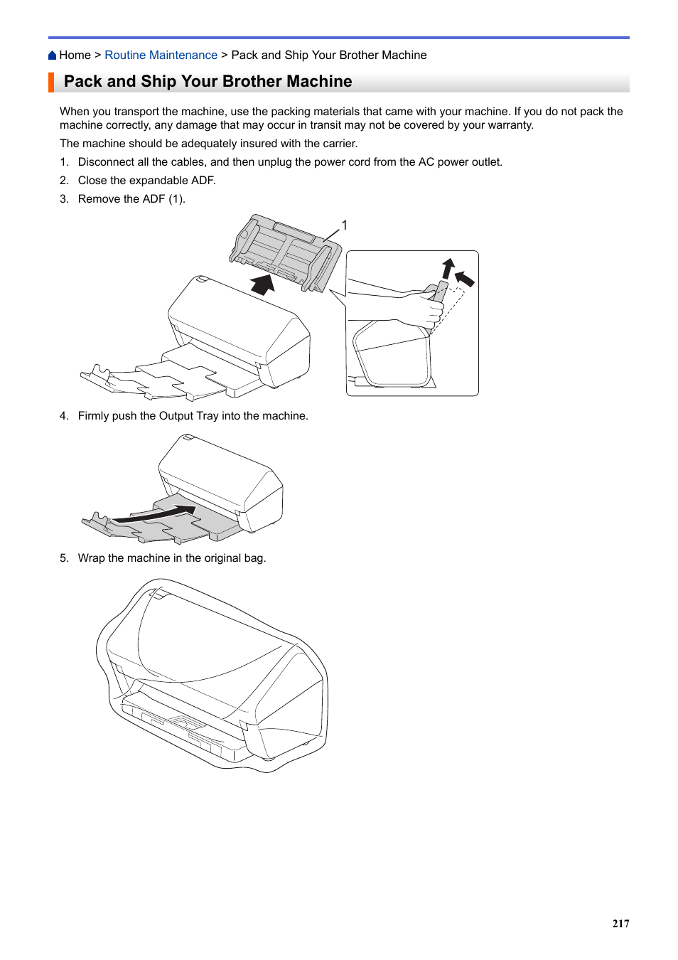 Pack and ship your brother machine | Brother ADS-3100 High-Speed Desktop Color Scanner for Home & Small Offices User Manual | Page 221 / 253