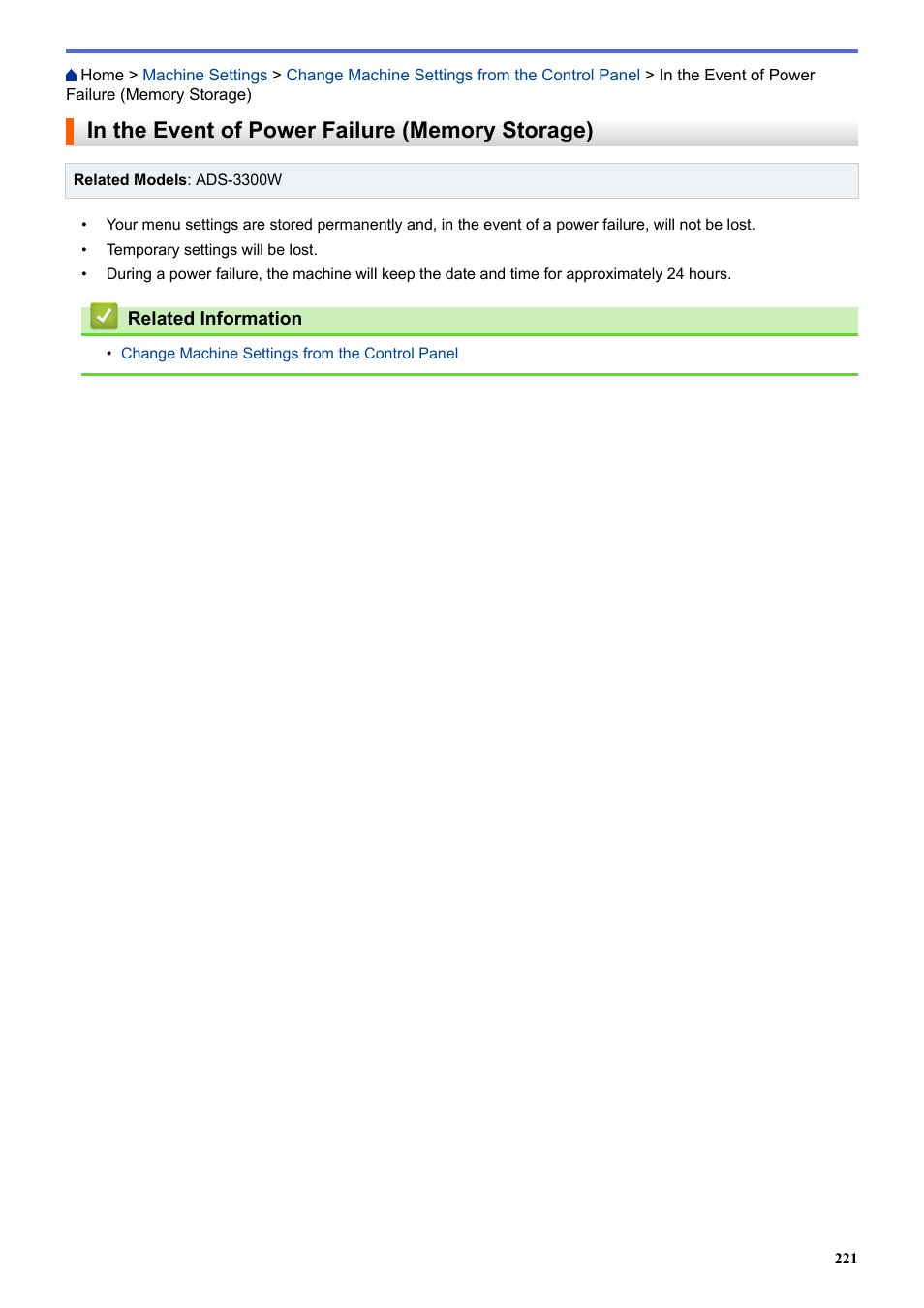 In the event of power failure (memory storage) | Brother ADS-3100 High-Speed Desktop Color Scanner for Home & Small Offices User Manual | Page 225 / 253