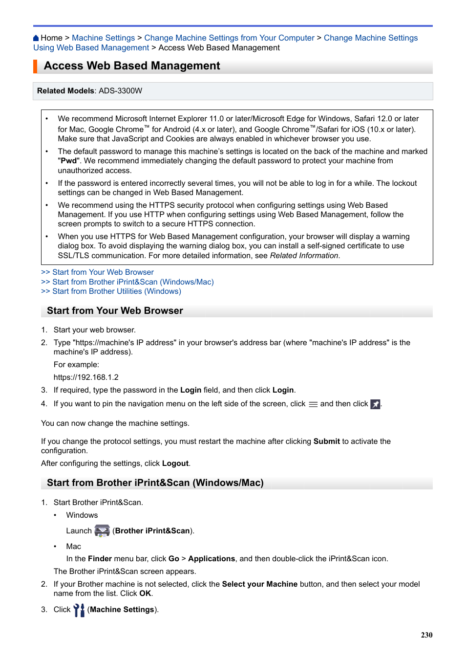 Access web based management, Start from your web browser, Start from brother iprint&scan (windows/mac) | Brother ADS-3100 High-Speed Desktop Color Scanner for Home & Small Offices User Manual | Page 234 / 253