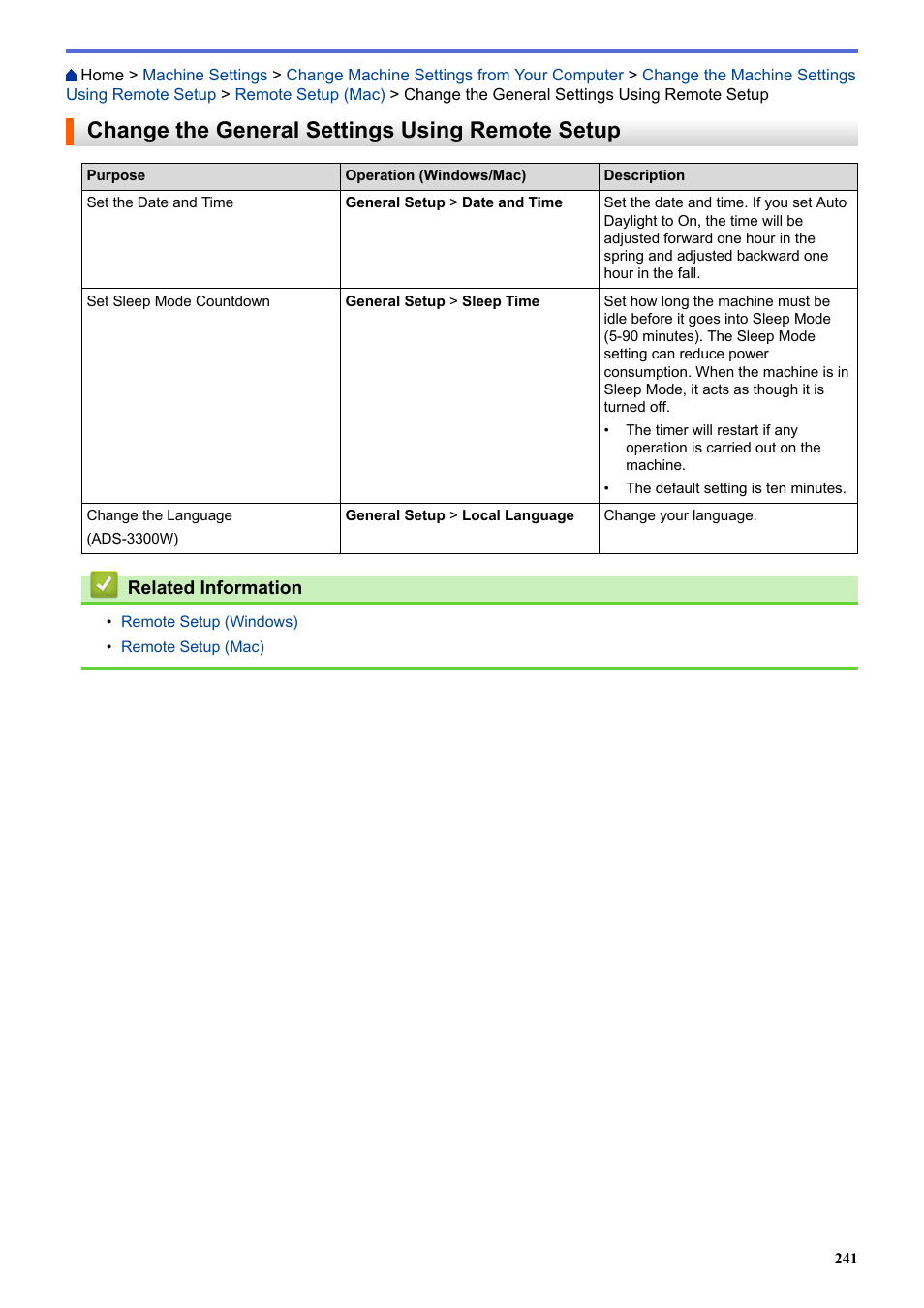 Change the general settings using remote setup | Brother ADS-3100 High-Speed Desktop Color Scanner for Home & Small Offices User Manual | Page 245 / 253