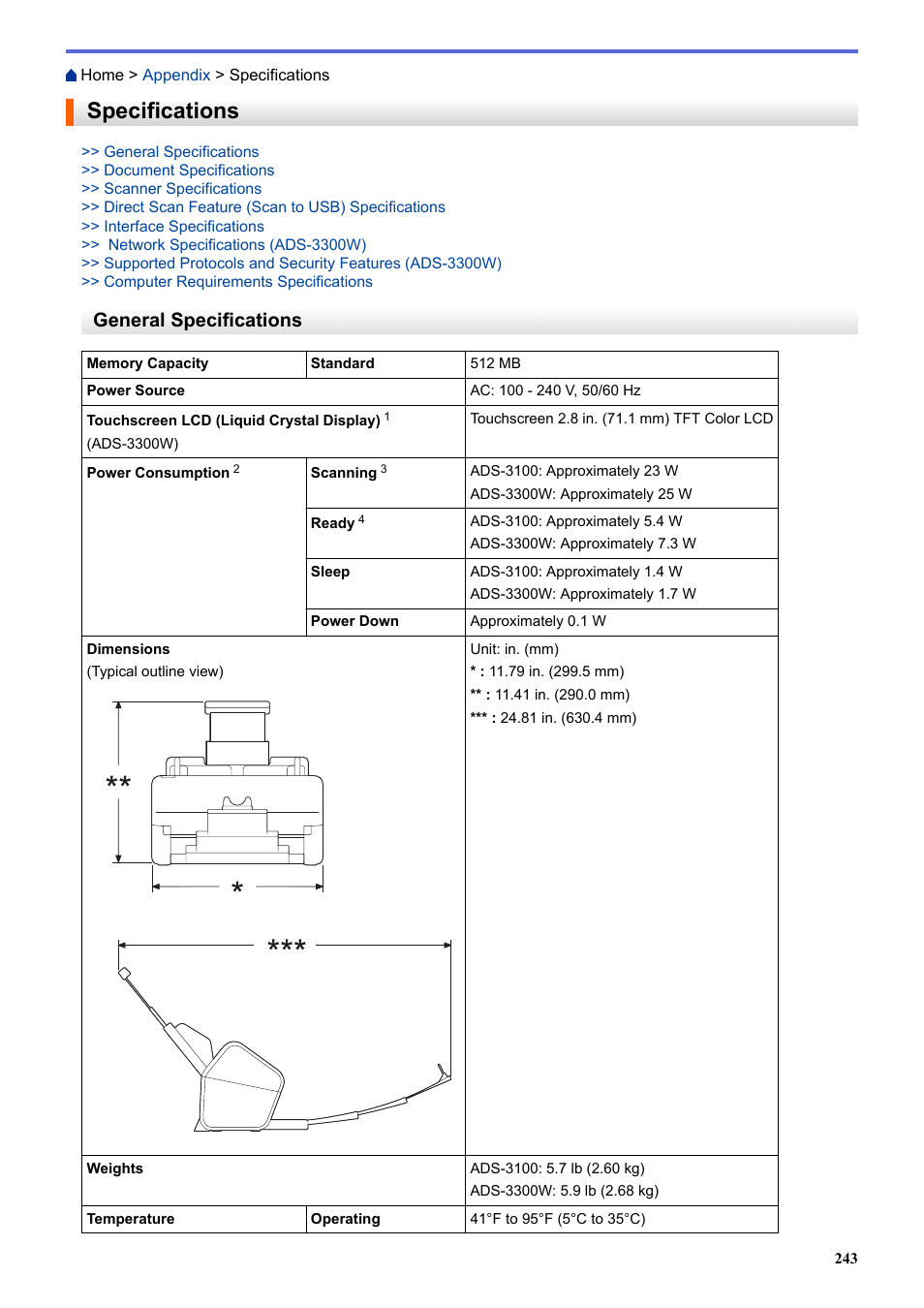 Specifications, General specifications | Brother ADS-3100 High-Speed Desktop Color Scanner for Home & Small Offices User Manual | Page 247 / 253